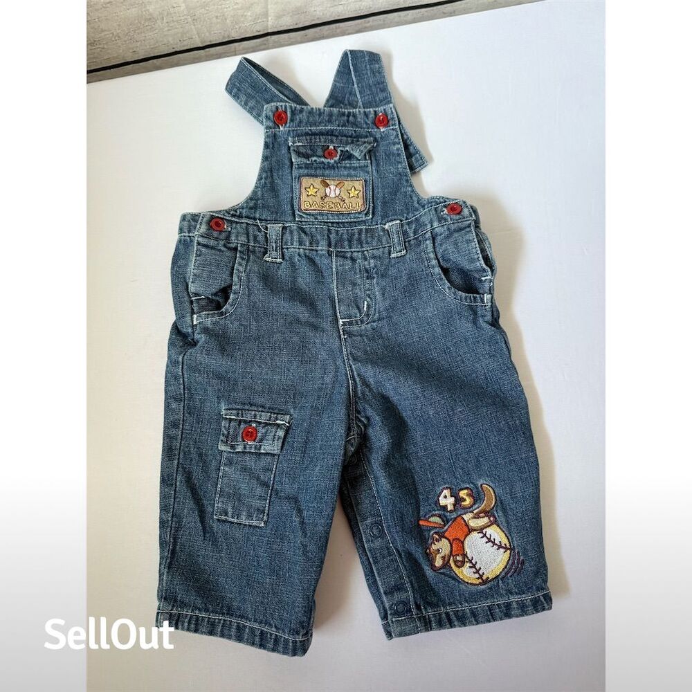 Small Wonders Infant Denim Overalls Baseball Embroidery 3/6 Months Vintage